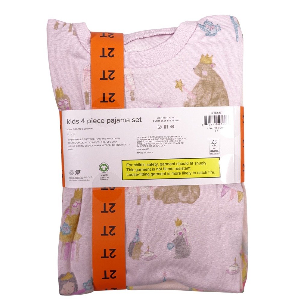 Burt's Bees Kids 4 Piece Pajama Set 2T Pink Tea Party 100% Organic Cotton NEW - Picture 3 of 4